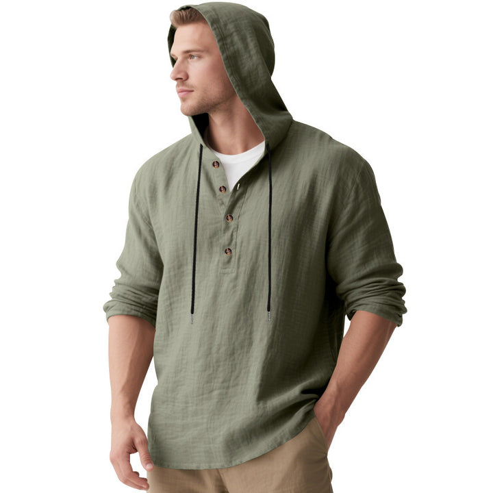 Men's Casual Hooded Henley Linen Blend Overshirt with Drawstring Mune Fashion