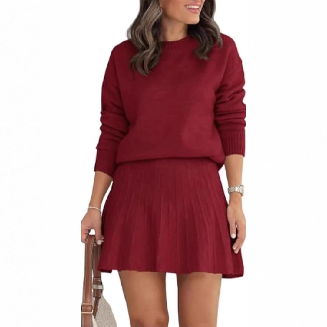 Women's Two-Piece Knit Set with Round Neck Sweater and Pleated Mini Skirt Drune