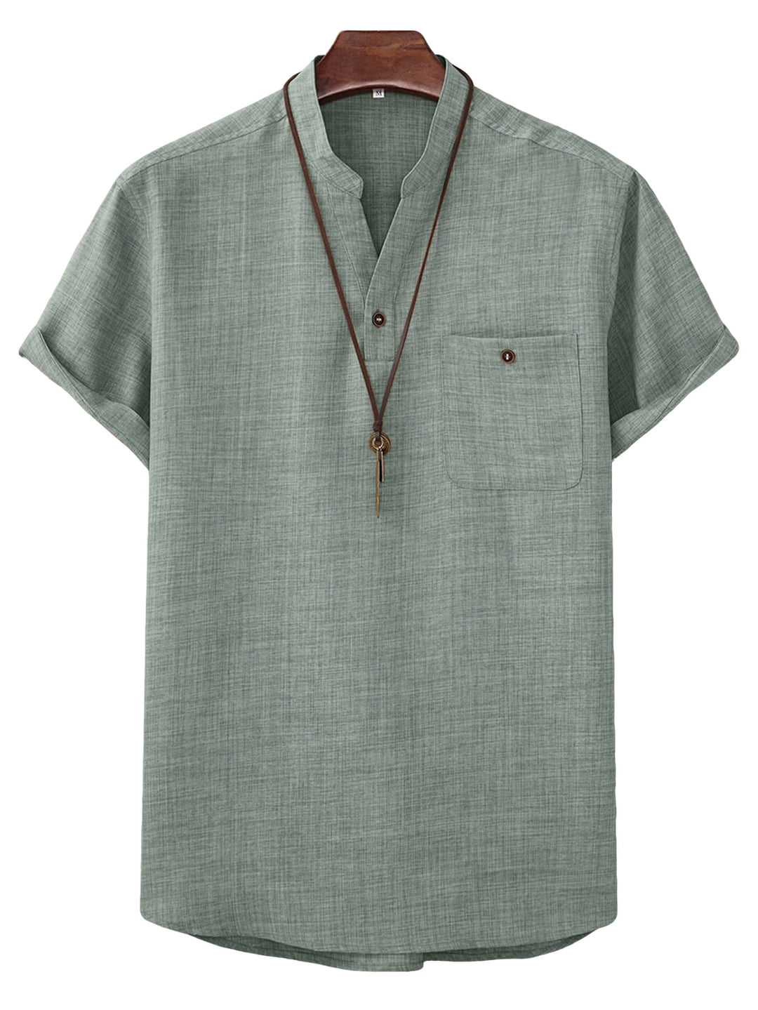 Men's casual Mandarin-style short-sleeve shirt with half-button placket, patch chest pocket, and rounded hem Mune Fashion