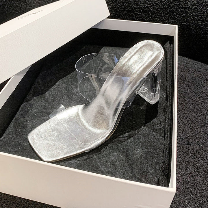 Women Transparent PVC Mules with Clear Block Heel and Metallic Footbed Mune Fashion