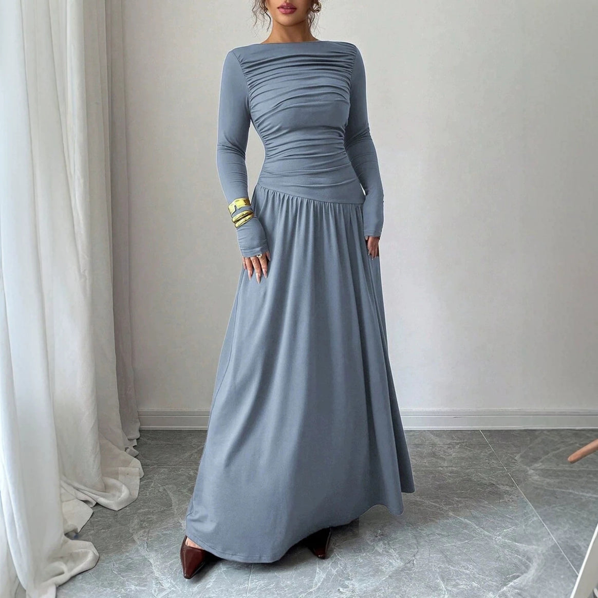 Ladies Maxi Dress with Ruched Bodice, Fitted Waist and Long Sleeve Mune Fashion
