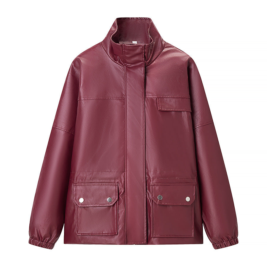 Women Water-Repellent Faux Leather Utility Jacket with Stand Collar and Flap Pockets Mune Fashion