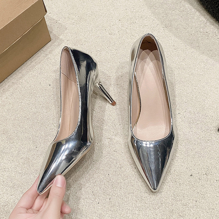 Women's mirror shine pumps with pointed silhouette and extra high stiletto heel
