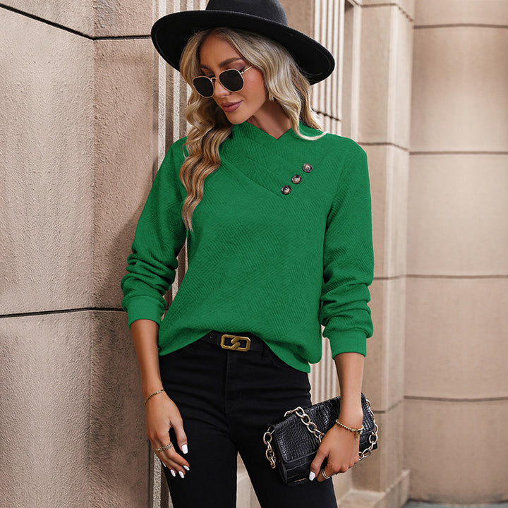 Ladies Asymmetrical Overlap Collar Fine Knit Sweater with Decorative Button Placket Mune Fashion