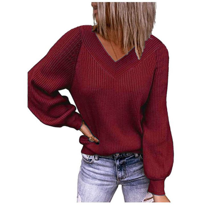 Women Ribbed V-Neck Sweater with Balloon Sleeves and Casual Fit Mune Fashion
