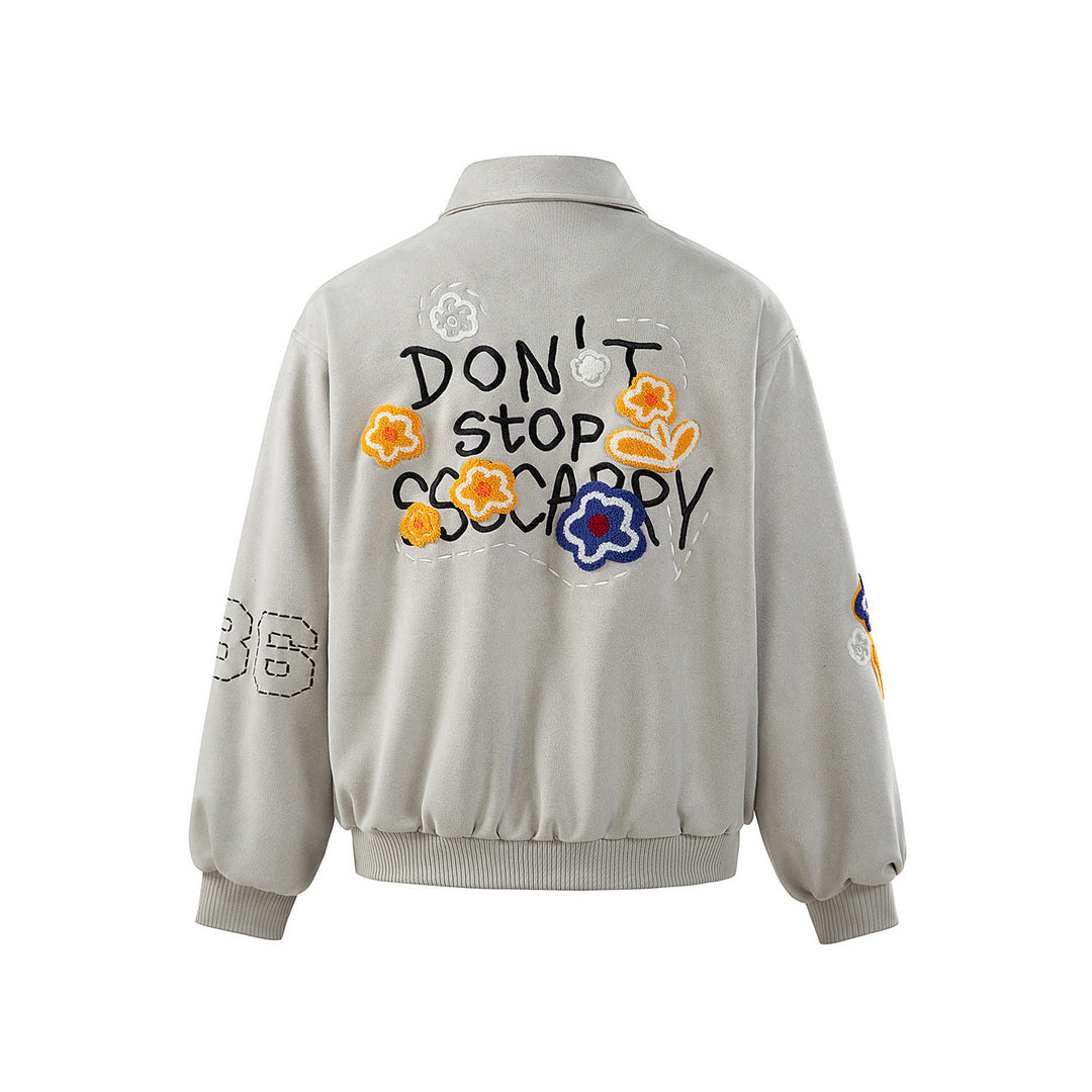 Unisex Boxy Blouson Jacket with Embroidered Floral Patches and Elastic Hem Mune Fashion