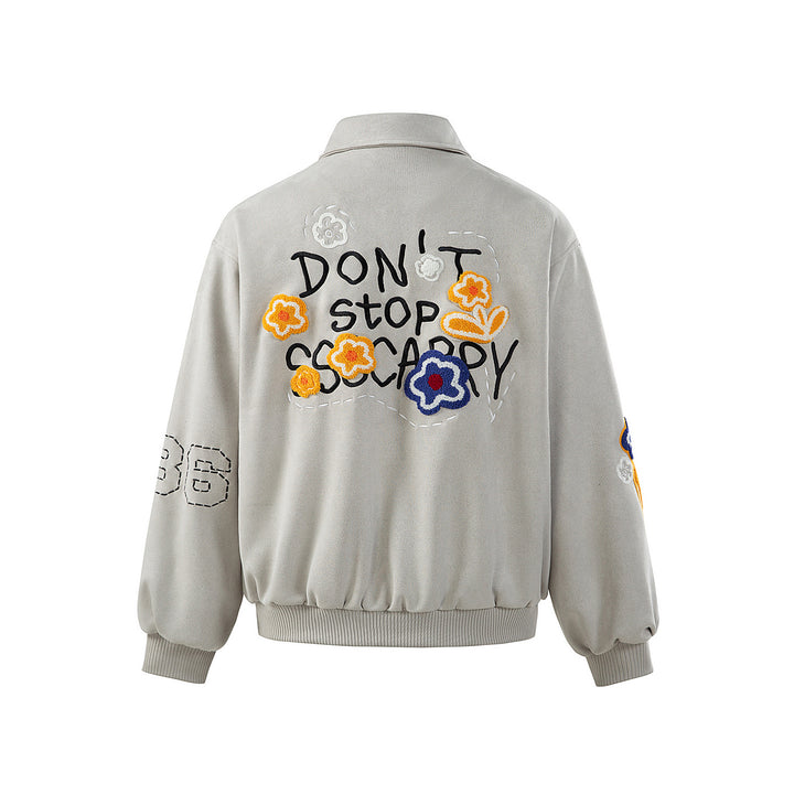 Unisex Boxy Blouson Jacket with Embroidered Floral Patches and Elastic Hem Mune Fashion