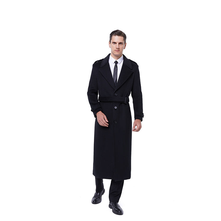 Men's Floor-Length Wool Blend Overcoat with Narrow Shawl Collar and Textured Weave Optics Mune Fashion