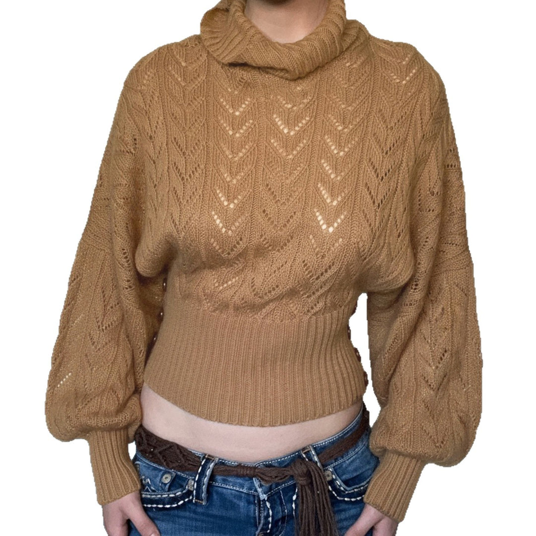 Women's short knit turtleneck with decorative button placket and balloon sleeves Mune Fashion