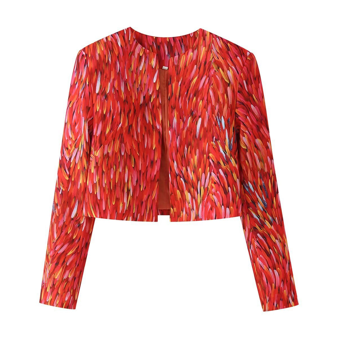 Women's Short Blazer without Collar with Artistic Brush Stroke Print Mune Fashion