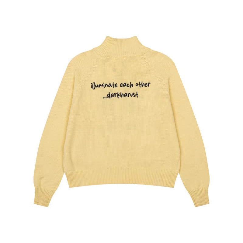 Women's chunky knit zip cardigan with stand-up collar, patch pockets and cartoon intarsia Mune Fashion