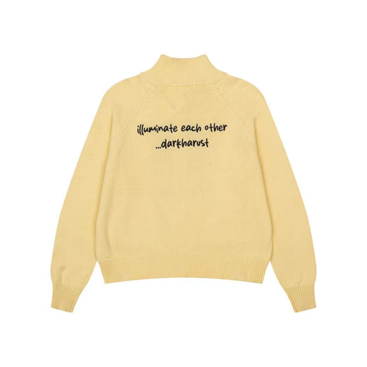 Women's chunky knit zip cardigan with stand-up collar, patch pockets and cartoon intarsia Mune Fashion
