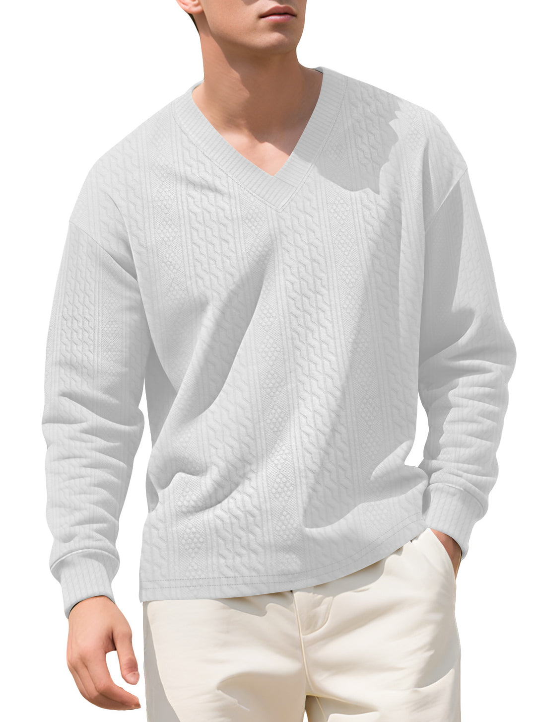 Men's structured V-neck knitted sweater with cable and honeycomb pattern Mune Fashion