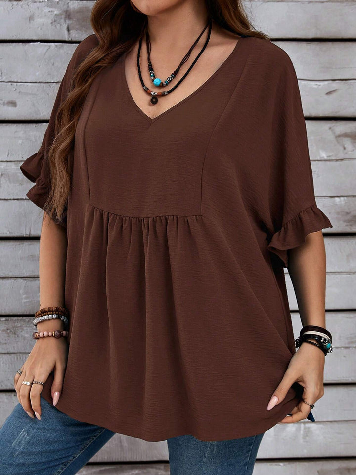 Women's Casual V-Neck Tunic with Gathered Empire Seam and Ruffle Sleeves Mune Fashion