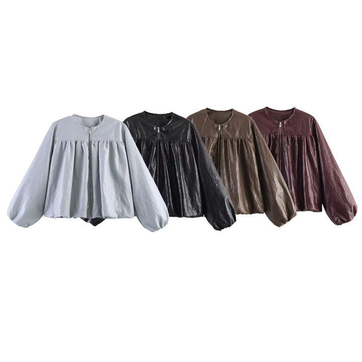 Women's short jacket in flounce style with gathered yoke, continuous zipper and wide balloon sleeves Mune Fashion