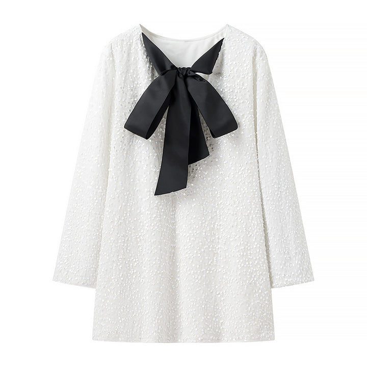 Women's Glitter Tunic with Bow Collar and Fine Sequin Structure Mune Fashion