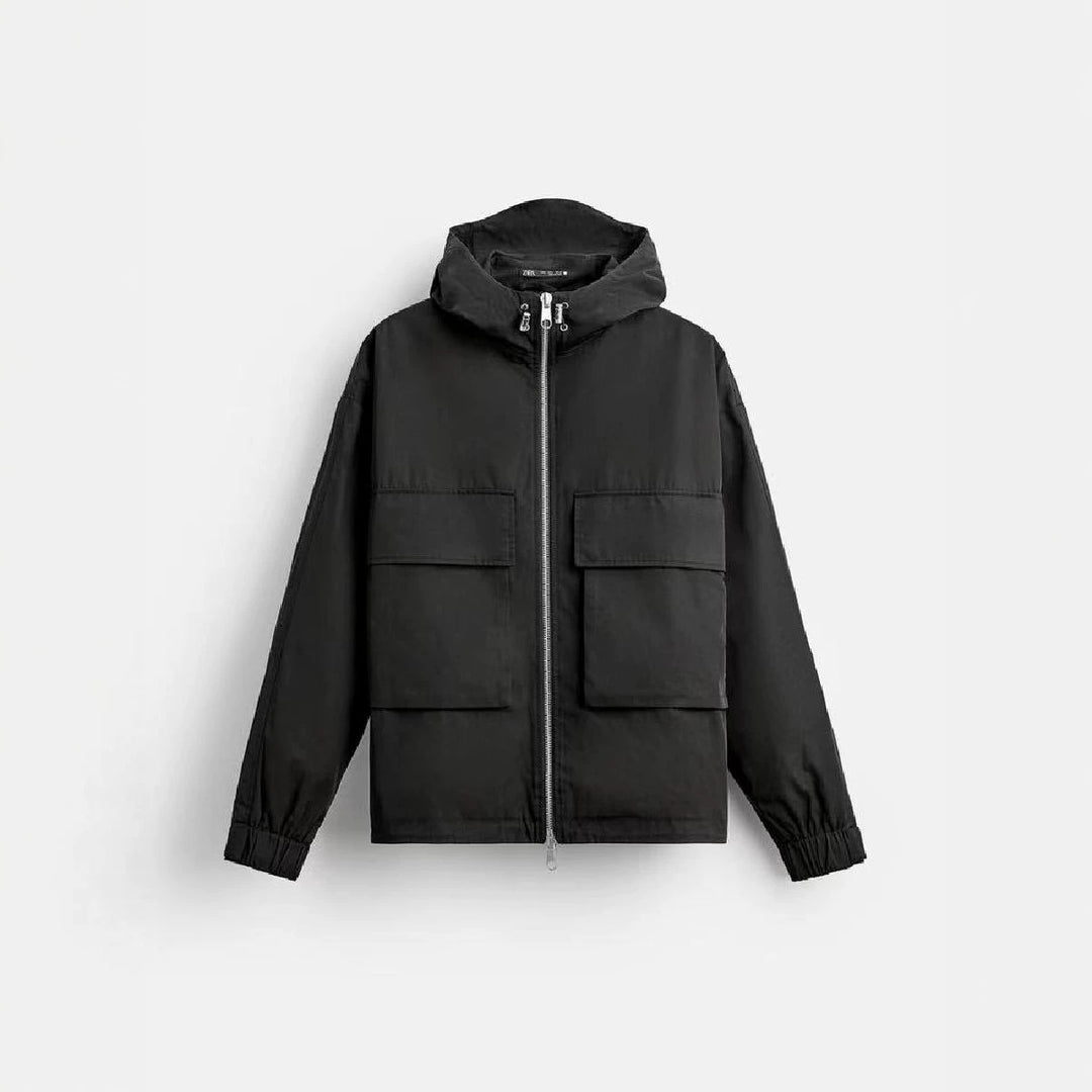 Men's short-cut hooded blouson jacket with patch pockets and two-way zipper Mune Fashion
