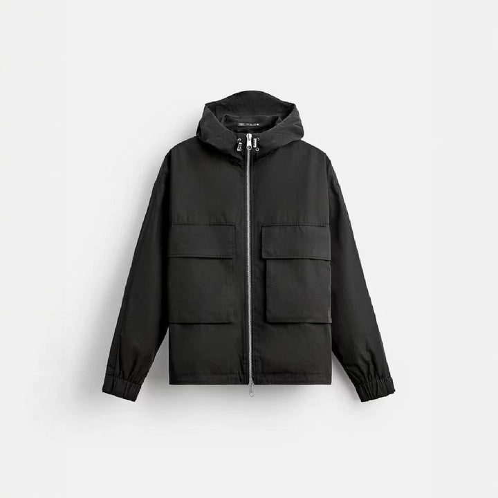 Men's short-cut hooded blouson jacket with patch pockets and two-way zipper Mune Fashion