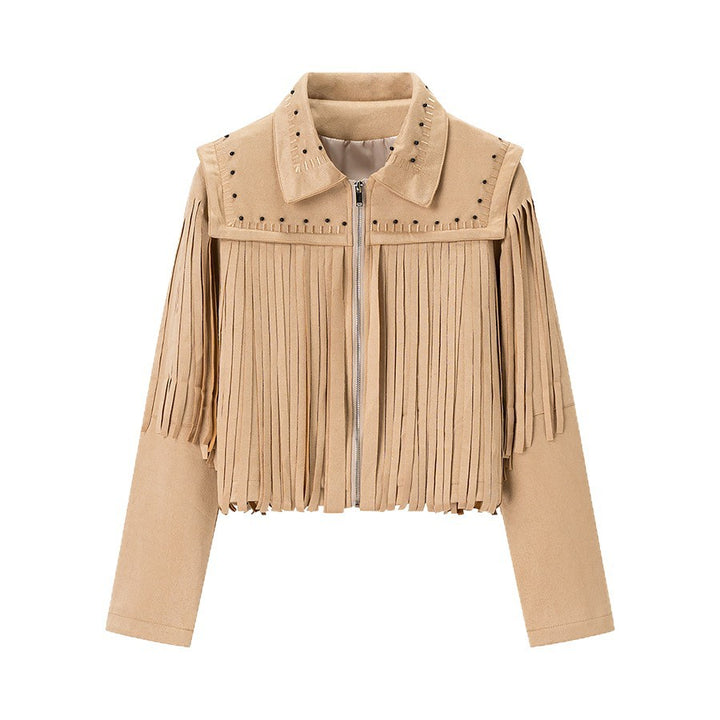 Women's short fringed jacket made of suede look with zipper and studded embellishment Mune Fashion