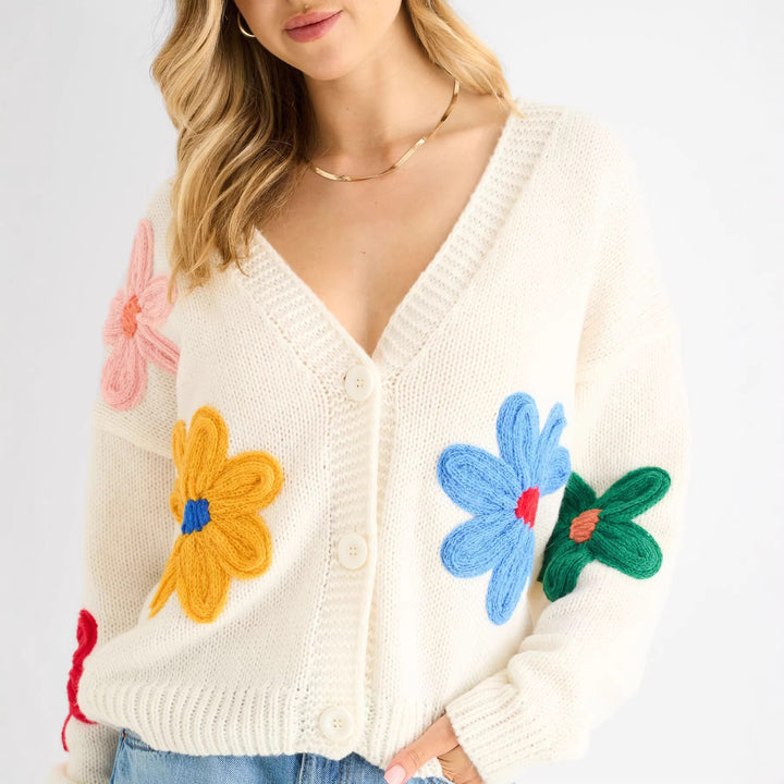 Women's cardigan with three-dimensional flower appliqués and V-neck Mune Fashion