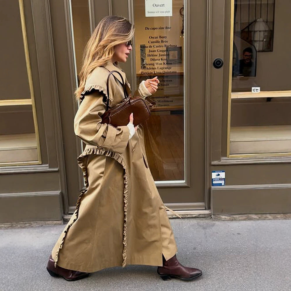 Women's maxi long trench coat with flounce shoulder cape and adjustable cuffs Mune Fashion