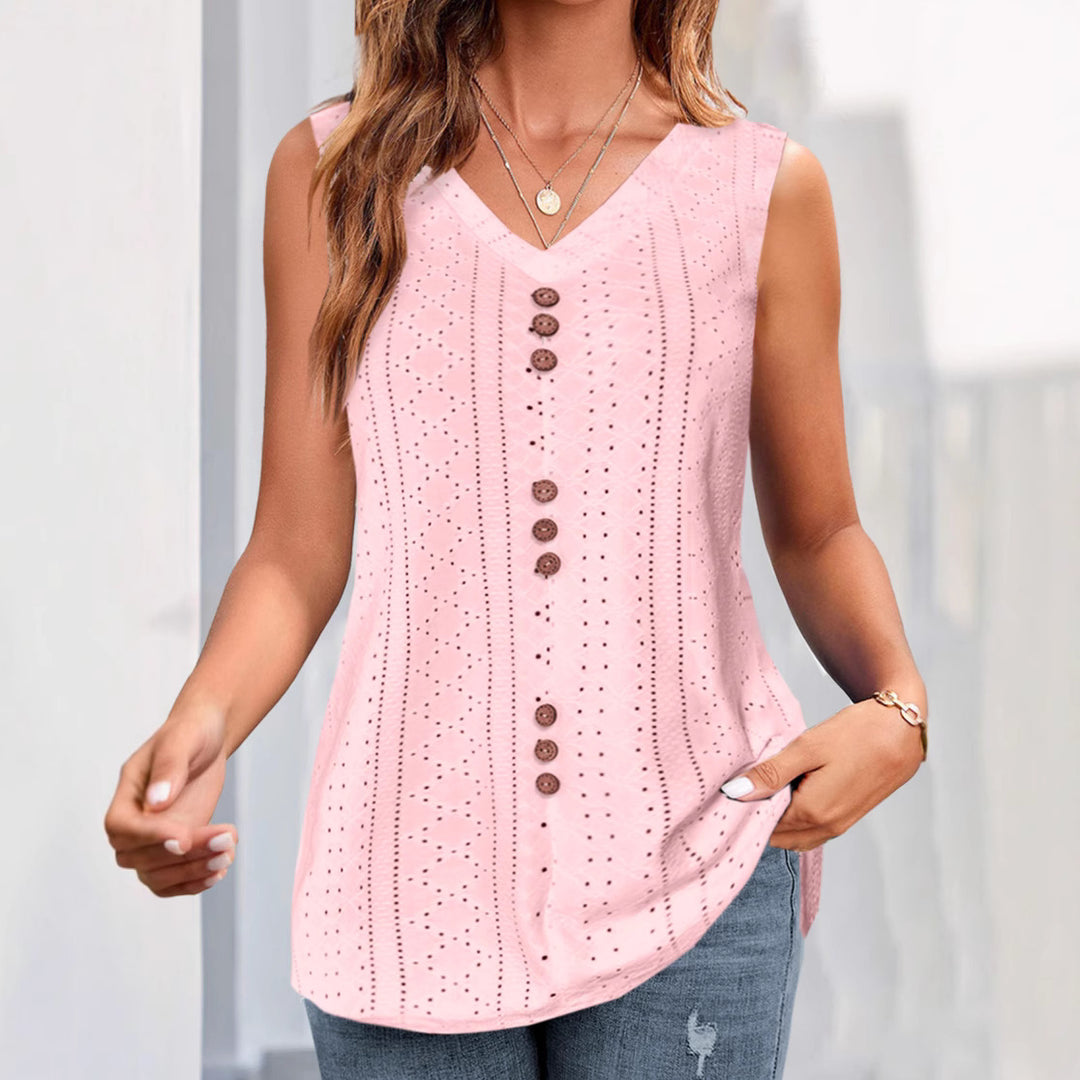 Women's sleeveless broderie anglaise top with V-neck and decorative button placket Mune Fashion
