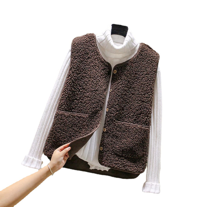 Ladies Teddy Fleece Vest with Button Placket and Patch Pockets Mune Fashion