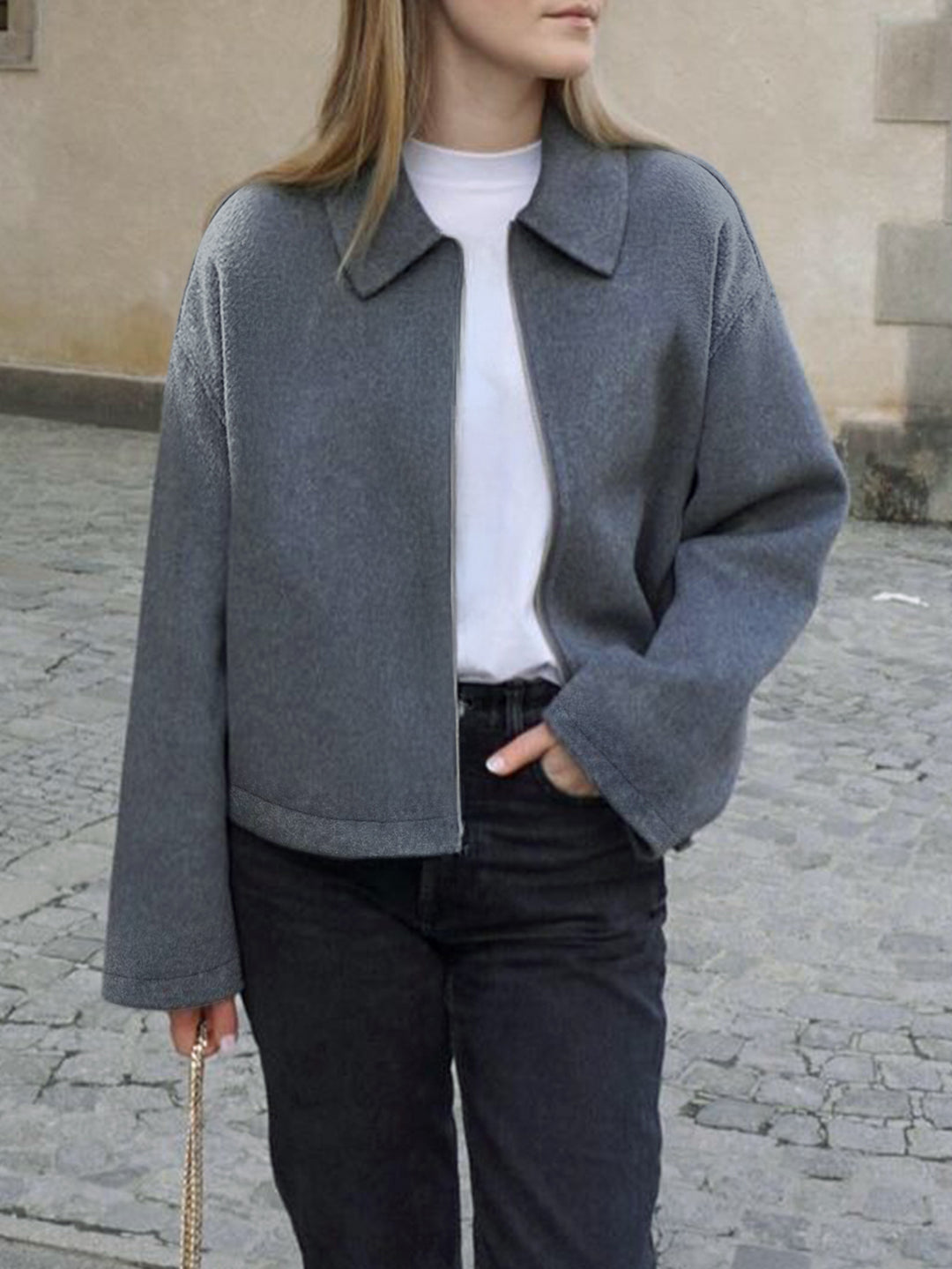 Women's cashmere-like wool jacket with full zip, oversized cut and shirt collar Mune Fashion