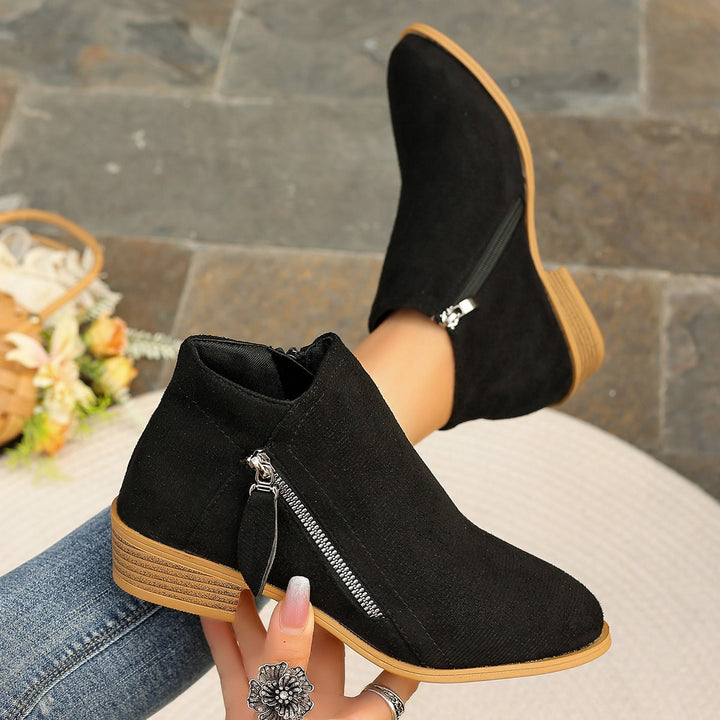 Women nan short suede-look ankle boot with side decorative strap zipper and comfortable block heel Mune Fashion