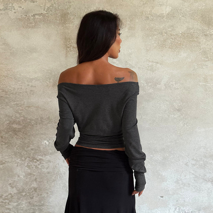 Women's Off-the-Shoulder Long Sleeve Top with Tailored Gathering Mune Fashion