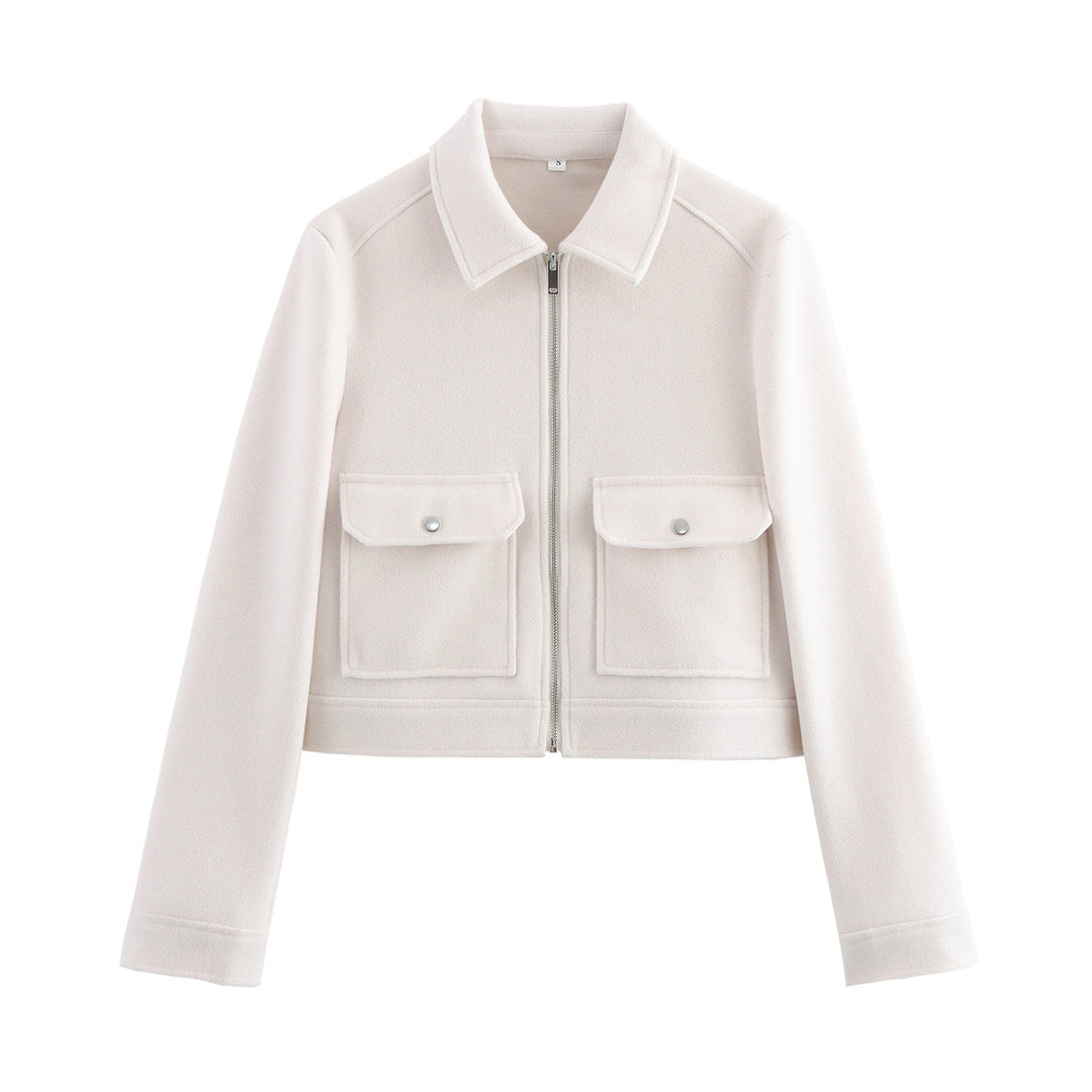 Women's short boxy wool jacket with full zip and patch pockets Mune Fashion