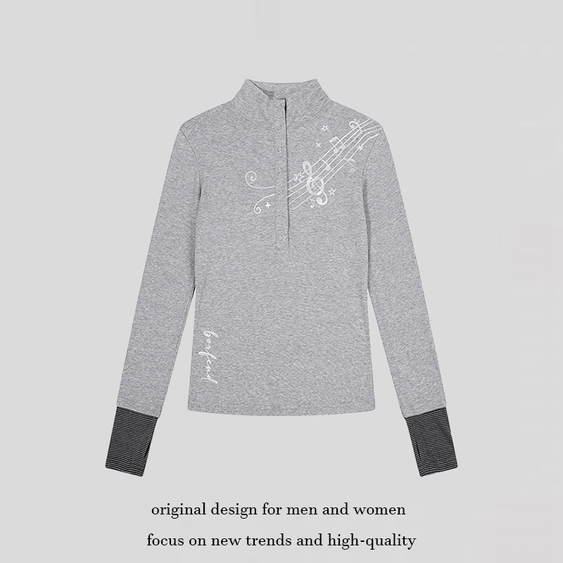 Women's Long Sleeve Polo Shirt with Stand-Up Collar, Button Placket and Note Print Mune Fashion