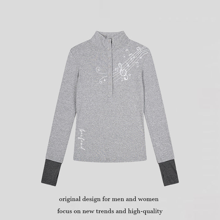 Women's Long Sleeve Polo Shirt with Stand-Up Collar, Button Placket and Note Print Mune Fashion