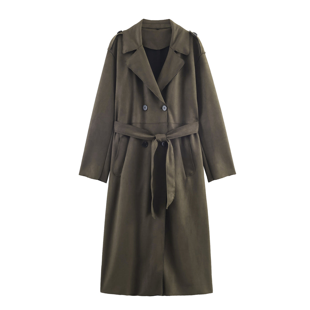 Women's Mid-length Trench Coat with Tied Belt and Shoulder Straps Mune Fashion