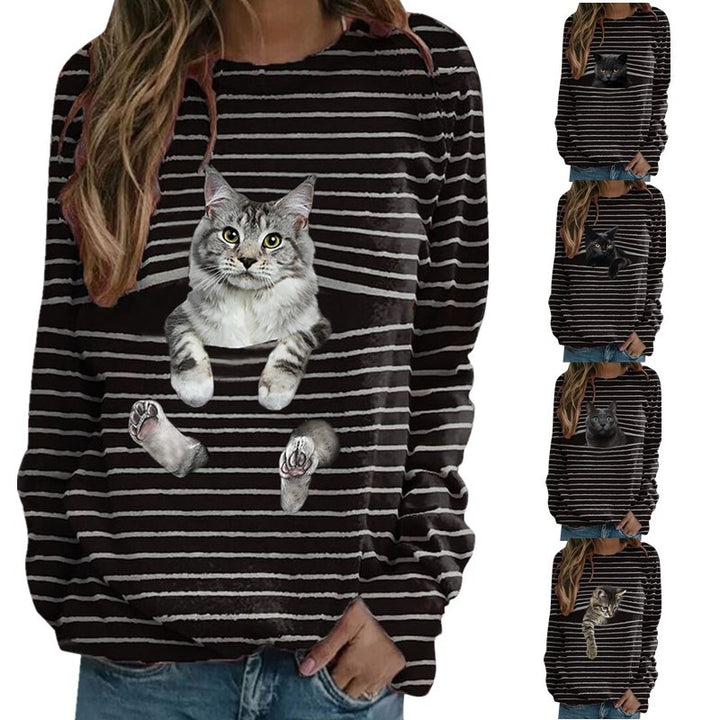 Women's casual striped sweater with photorealistic cat pocket and round neckline Mune Fashion