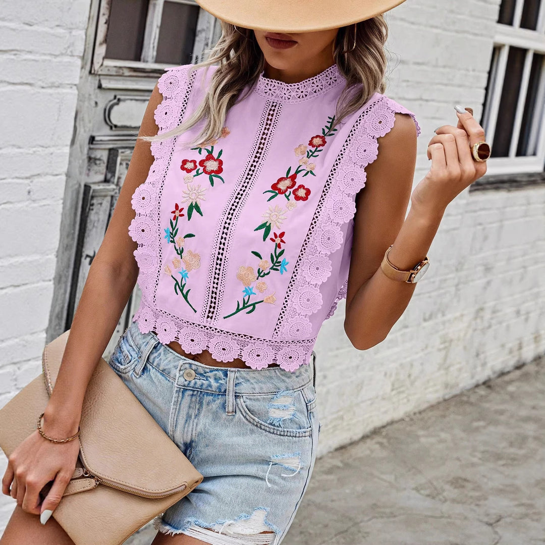 Women Embroidered Lace Cropped Top with Stand-Up Collar and Crochet Edges Mune Fashion
