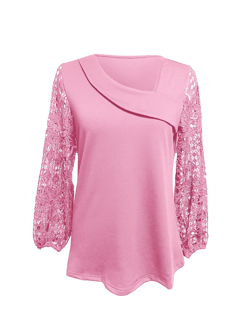 Ladies nan tunic top with asymmetrical waterfall yoke and floral lace balloon sleeves Mune Fashion