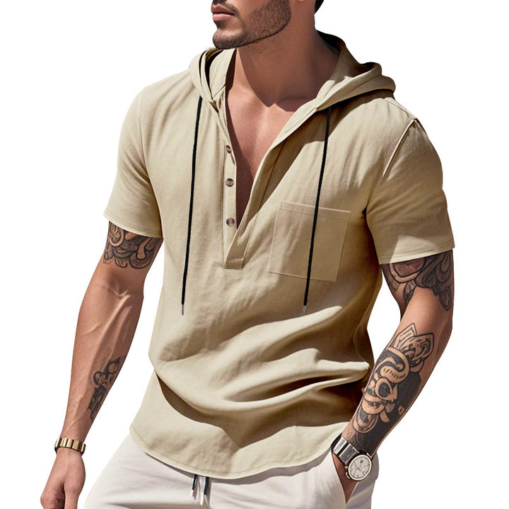 Men's lightweight short-sleeve hooded Henley made of single jersey with chest pocket and contrast drawstring Mune Fashion