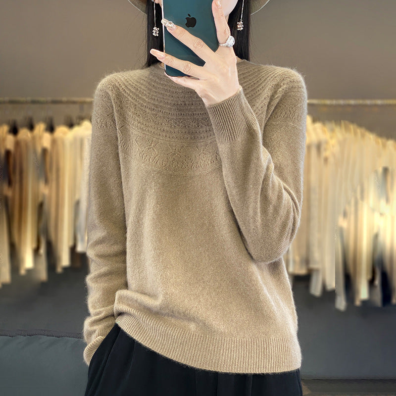 Ladies Soft Ajour-Yoke Round Neck Sweater in Cashmere-Look Fine Knit Mune Fashion