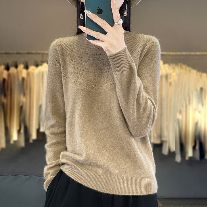 Ladies Soft Ajour-Yoke Round Neck Sweater in Cashmere-Look Fine Knit Mune Fashion