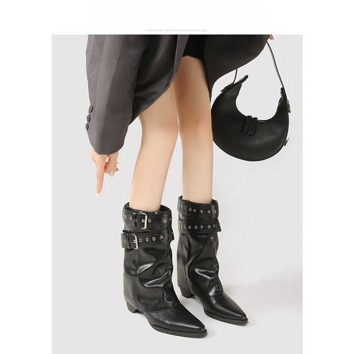Women's slouch boots with pointed toe, buckle strap and low heel Mune Fashion