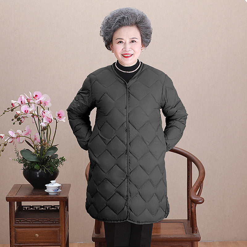 Women’s collarless long quilted thermal coat with diamond quilting Mune Fashion