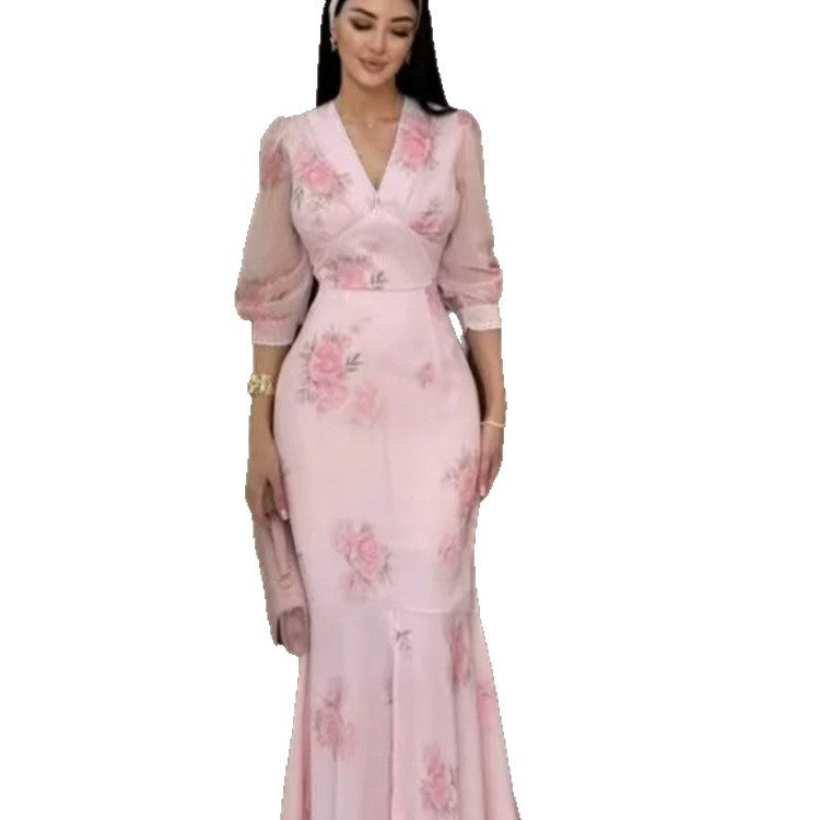 Ladies Elegant Maxi Dress in Mermaid Cut with V-Neck and Transparent Puff Sleeves Mune Fashion