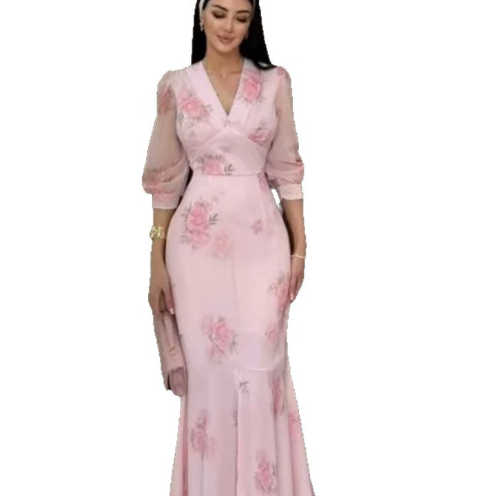 Ladies Elegant Maxi Dress in Mermaid Cut with V-Neck and Transparent Puff Sleeves Mune Fashion