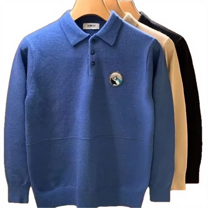 Men's polo collar sweater made of soft fluffy knit with logo patch Mune Fashion