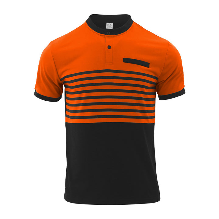 Men's short-sleeved striped short-sleeve shirt with button placket, stand-up collar and chest piping Mune Fashion
