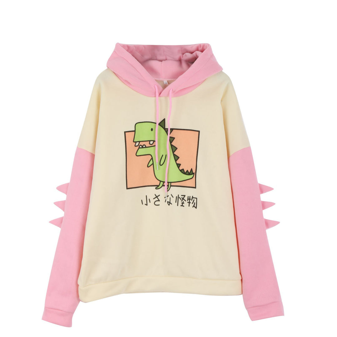 Women's Hooded Sweater with Three-Dimensional Back Details and Cute Dinosaur Print Mune Fashion