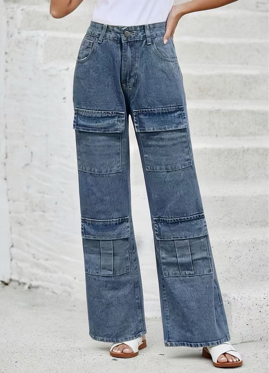 Women nan High-Waist Utility Denim Pants with applied knee patches, cargo pockets and wide flares Mune Fashion