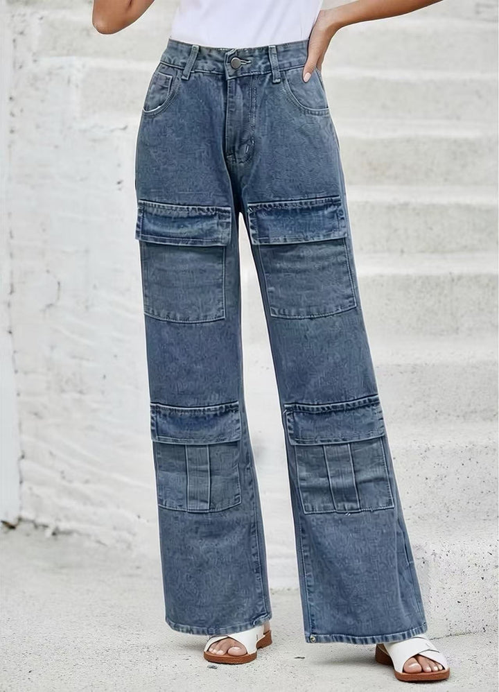 Women nan High-Waist Utility Denim Pants with applied knee patches, cargo pockets and wide flares Mune Fashion