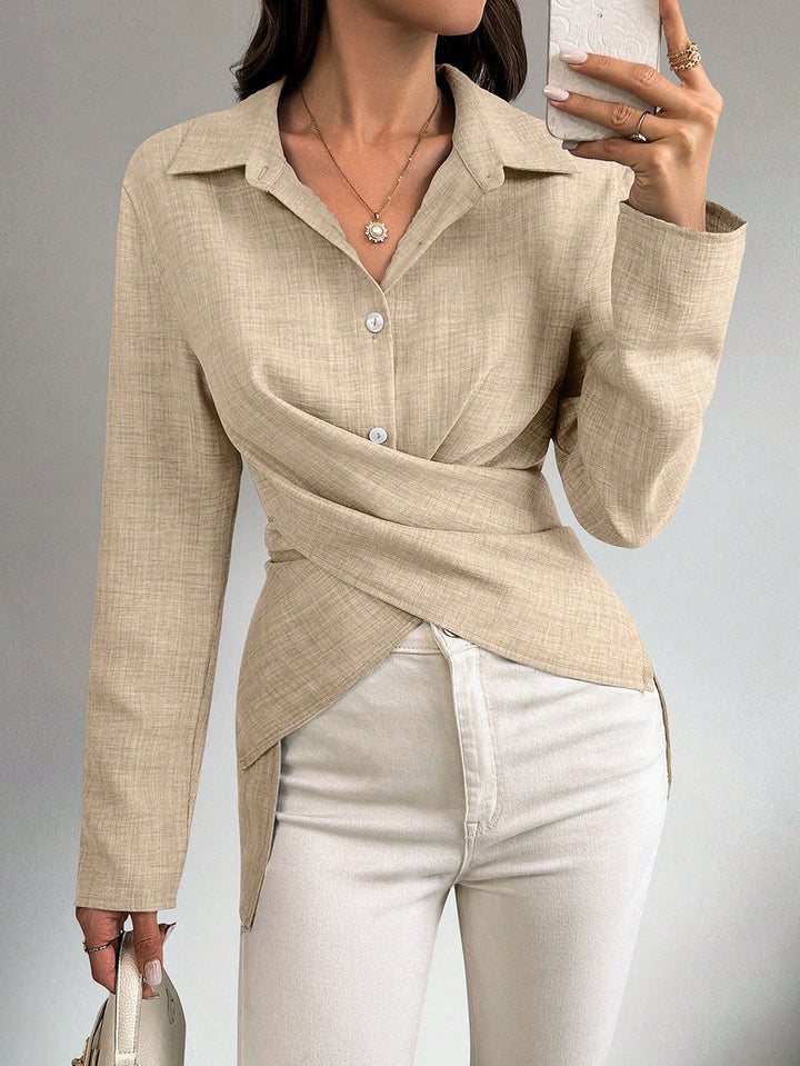 Women's wrap blouse with shirt collar and asymmetrical hem Mune Fashion